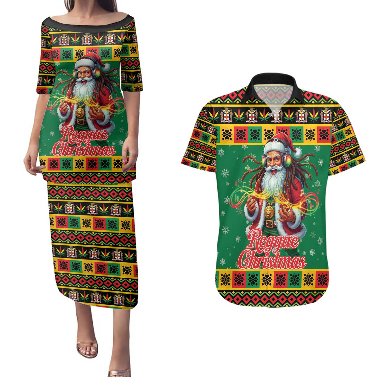 Jamaica Christmas Couples Matching Puletasi and Hawaiian Shirt Reggae Santa with Dreadlocks Design - Wonder Print Shop