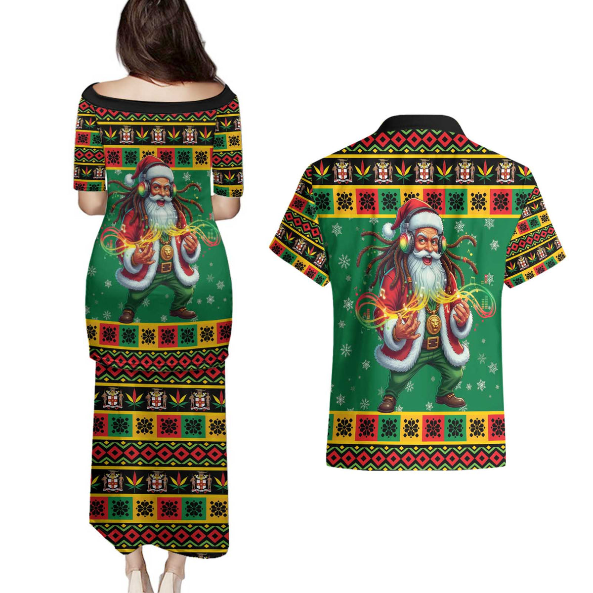 Jamaica Christmas Couples Matching Puletasi and Hawaiian Shirt Reggae Santa with Dreadlocks Design - Wonder Print Shop