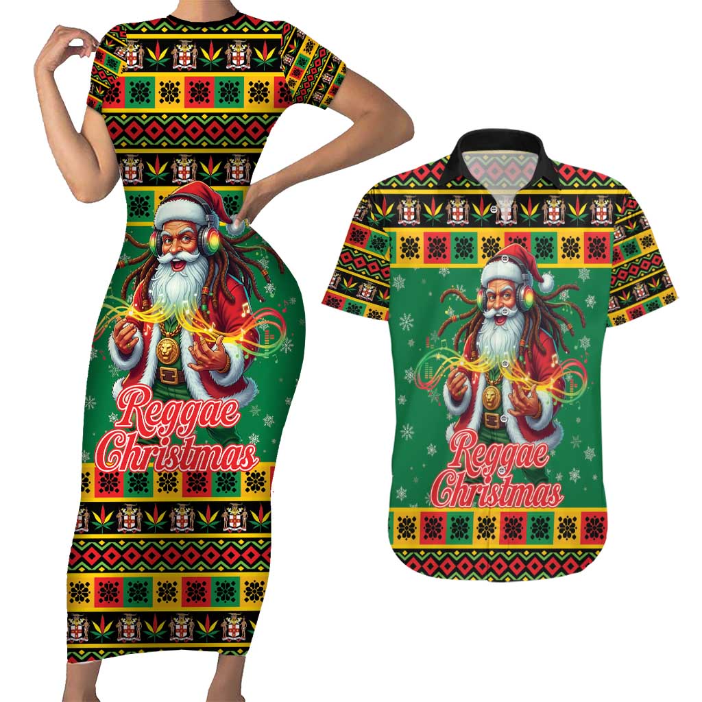 Jamaica Christmas Couples Matching Short Sleeve Bodycon Dress and Hawaiian Shirt Reggae Santa with Dreadlocks Design - Wonder Print Shop