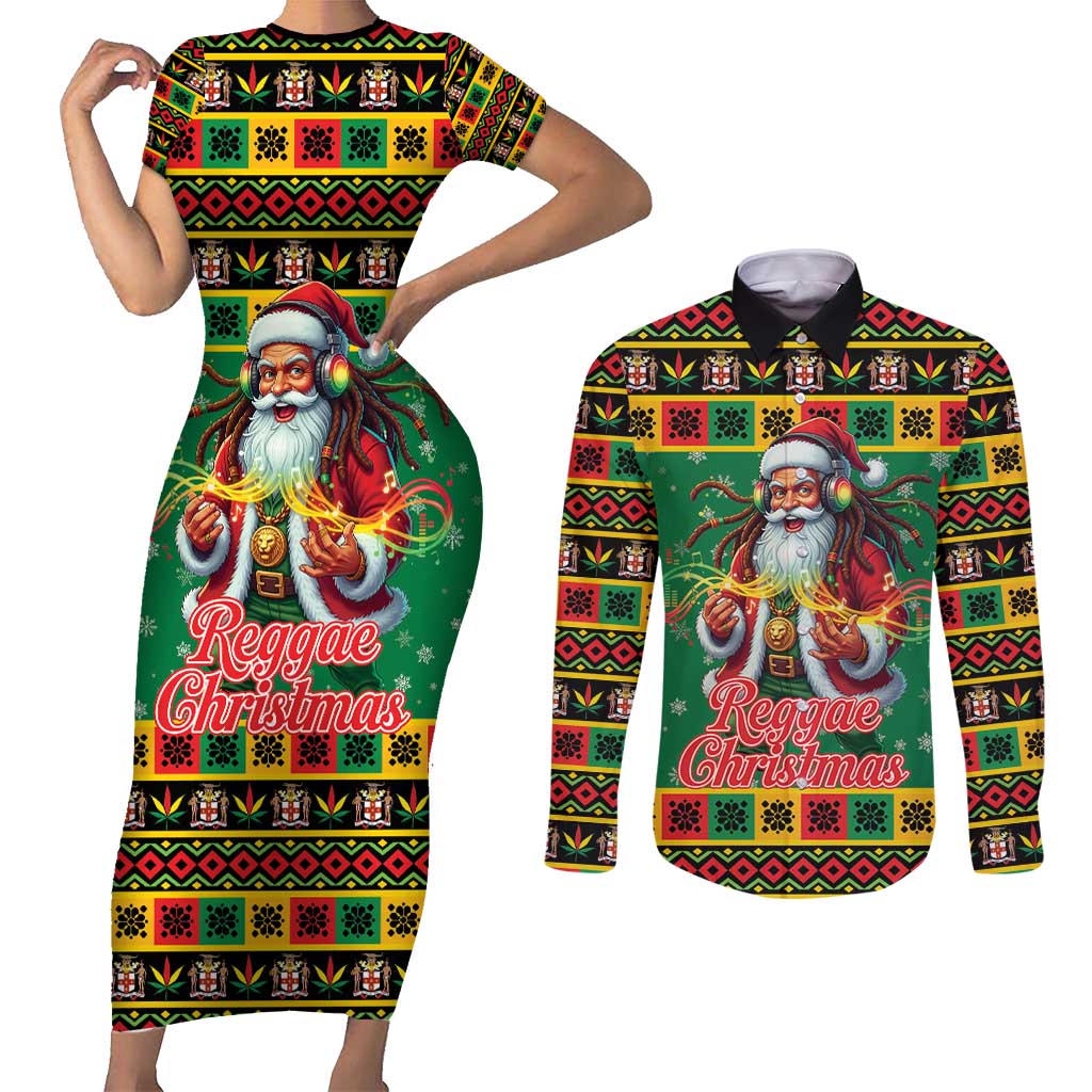 Jamaica Christmas Couples Matching Short Sleeve Bodycon Dress and Long Sleeve Button Shirt Reggae Santa with Dreadlocks Design - Wonder Print Shop