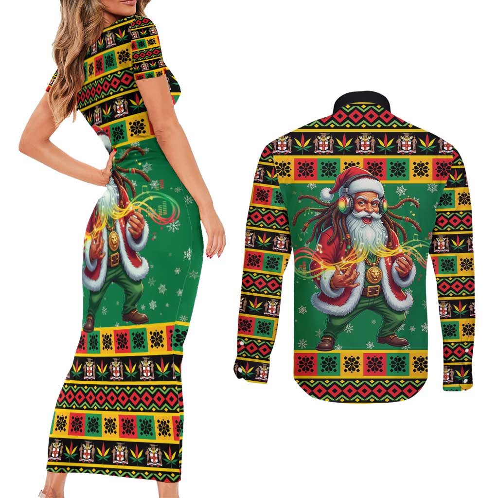 Jamaica Christmas Couples Matching Short Sleeve Bodycon Dress and Long Sleeve Button Shirt Reggae Santa with Dreadlocks Design - Wonder Print Shop
