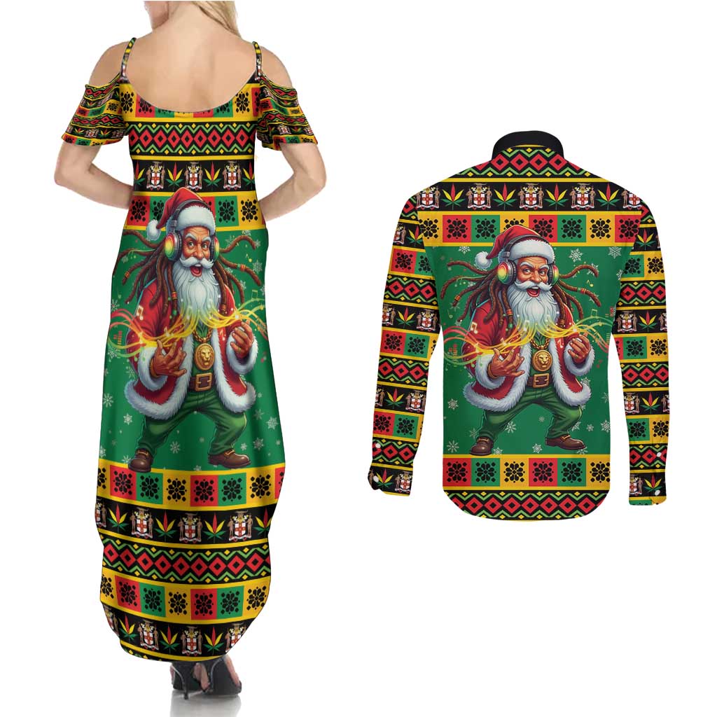 Jamaica Christmas Couples Matching Summer Maxi Dress and Long Sleeve Button Shirt Reggae Santa with Dreadlocks Design - Wonder Print Shop