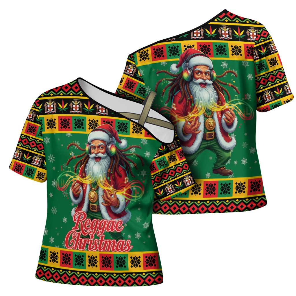 Jamaica Christmas Cross Shoulder Shirt Reggae Santa with Dreadlocks Design - Wonder Print Shop
