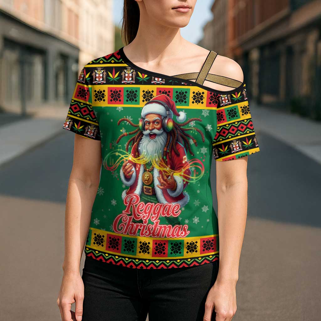 Jamaica Christmas Cross Shoulder Shirt Reggae Santa with Dreadlocks Design - Wonder Print Shop