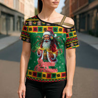 Jamaica Christmas Cross Shoulder Shirt Reggae Santa with Dreadlocks Design - Wonder Print Shop