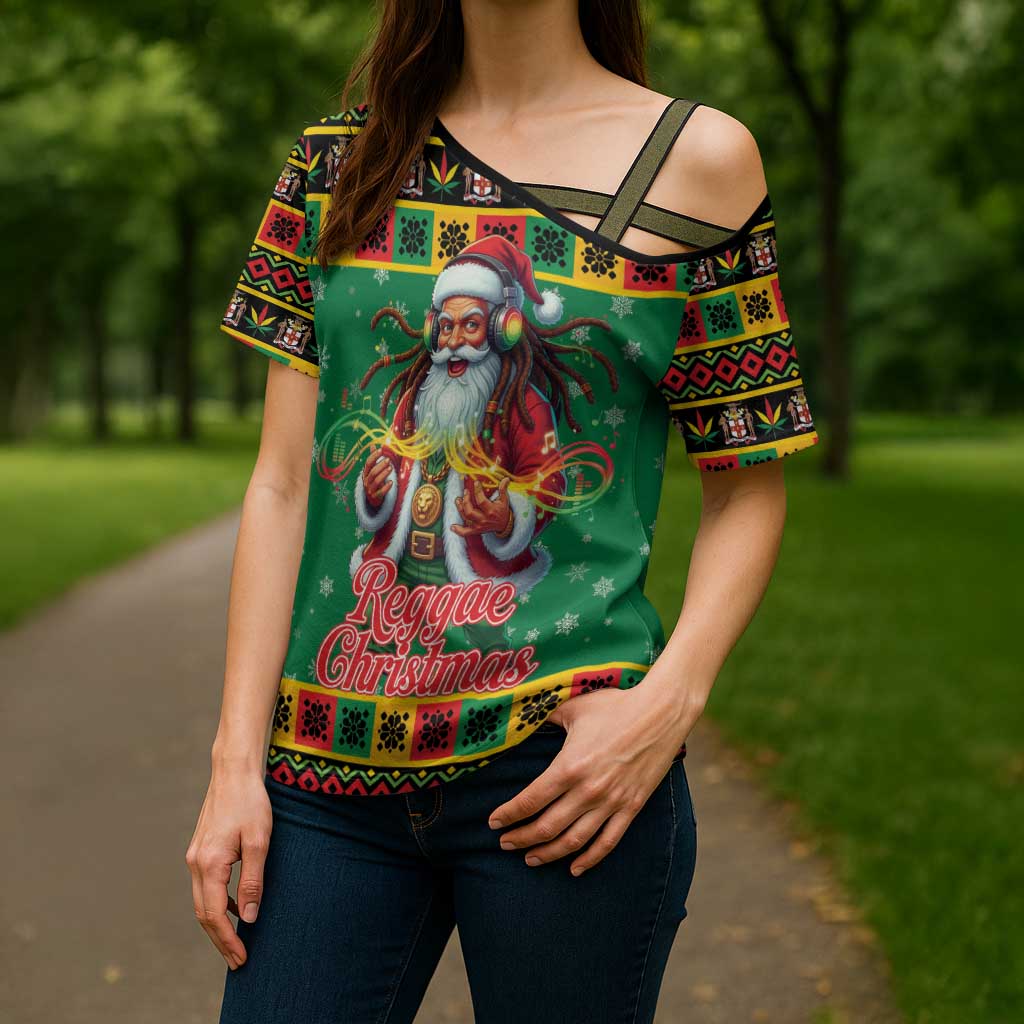 Jamaica Christmas Cross Shoulder Shirt Reggae Santa with Dreadlocks Design - Wonder Print Shop