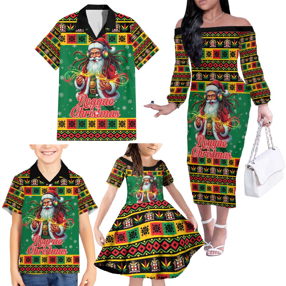 Jamaica Christmas Family Matching Off The Shoulder Long Sleeve Dress and Hawaiian Shirt Reggae Santa with Dreadlocks Design - Wonder Print Shop