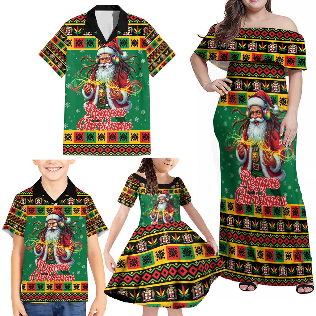 Jamaica Christmas Family Matching Off Shoulder Maxi Dress and Hawaiian Shirt Reggae Santa with Dreadlocks Design - Wonder Print Shop