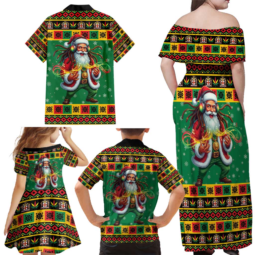 Jamaica Christmas Family Matching Off Shoulder Maxi Dress and Hawaiian Shirt Reggae Santa with Dreadlocks Design - Wonder Print Shop