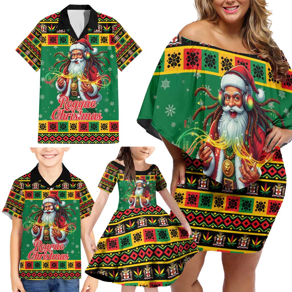 Jamaica Christmas Family Matching Off Shoulder Short Dress and Hawaiian Shirt Reggae Santa with Dreadlocks Design - Wonder Print Shop