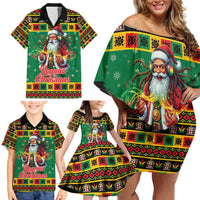 Jamaica Christmas Family Matching Off Shoulder Short Dress and Hawaiian Shirt Reggae Santa with Dreadlocks Design - Wonder Print Shop