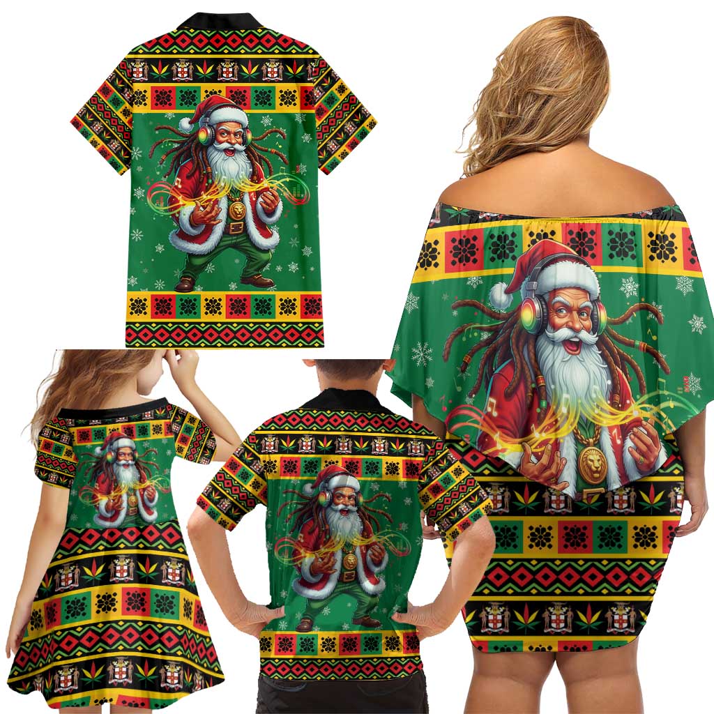 Jamaica Christmas Family Matching Off Shoulder Short Dress and Hawaiian Shirt Reggae Santa with Dreadlocks Design - Wonder Print Shop