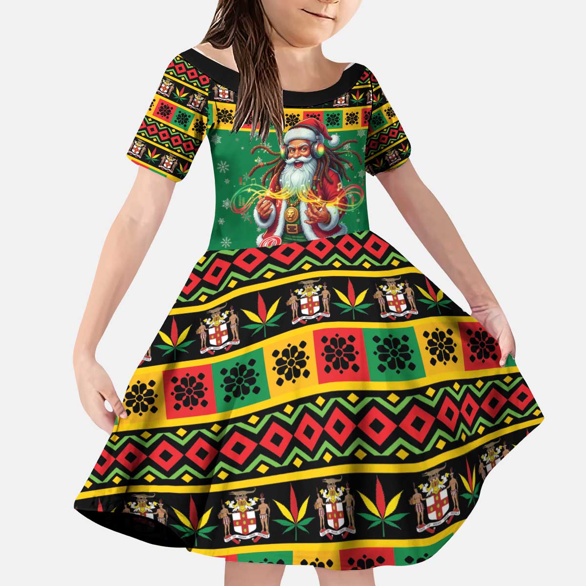 Jamaica Christmas Kid Short Sleeve Dress Reggae Santa with Dreadlocks Design - Wonder Print Shop