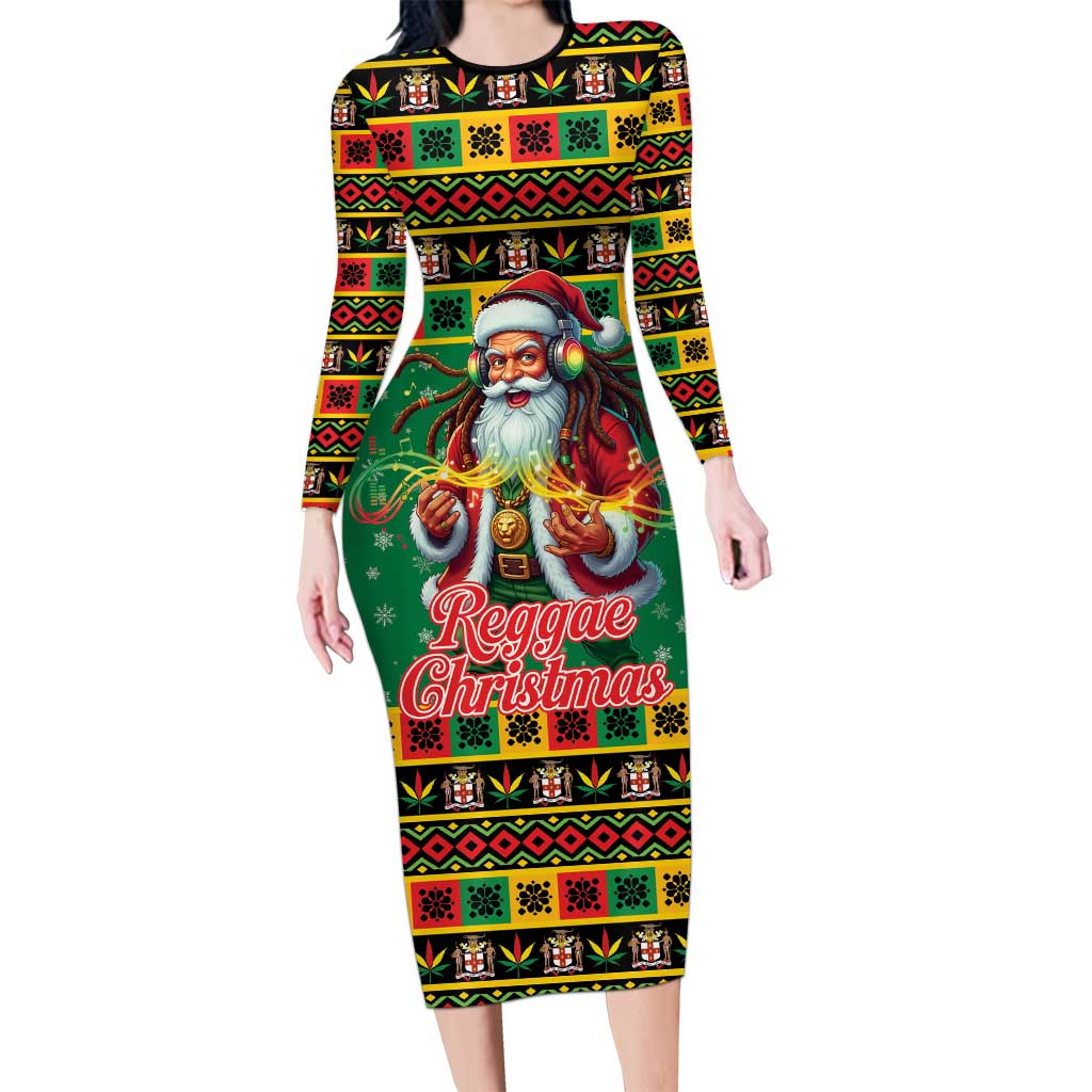Jamaica Christmas Long Sleeve Bodycon Dress Reggae Santa with Dreadlocks Design - Wonder Print Shop