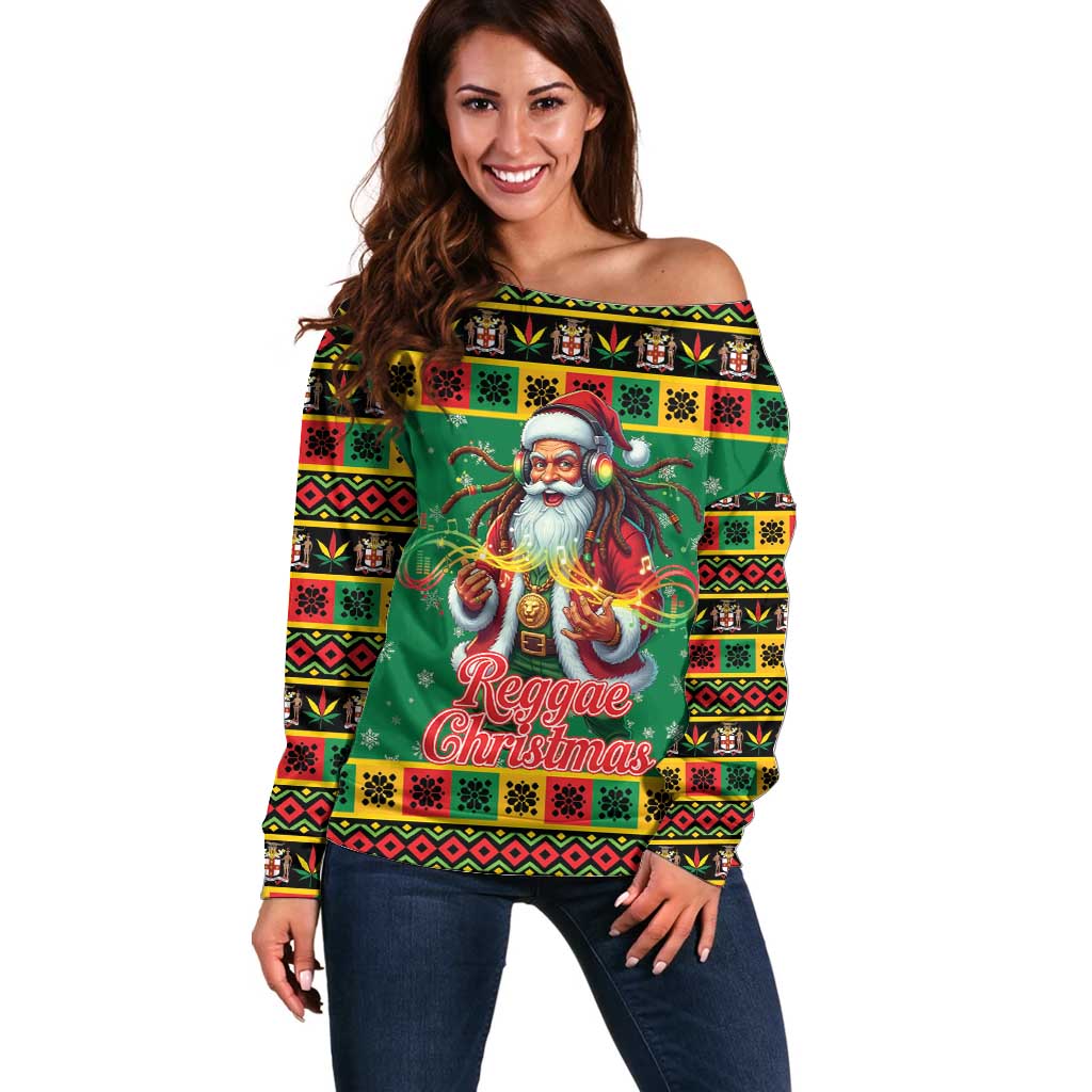 Jamaica Christmas Off Shoulder Sweater Reggae Santa with Dreadlocks Design - Wonder Print Shop