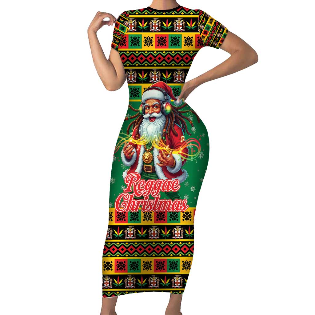 Jamaica Christmas Short Sleeve Bodycon Dress Reggae Santa with Dreadlocks Design - Wonder Print Shop