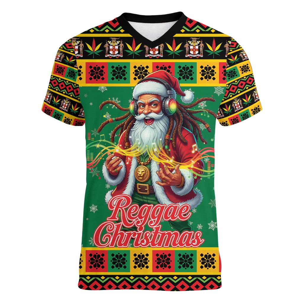 Jamaica Christmas Women V-Neck T-Shirt Reggae Santa with Dreadlocks Design - Wonder Print Shop