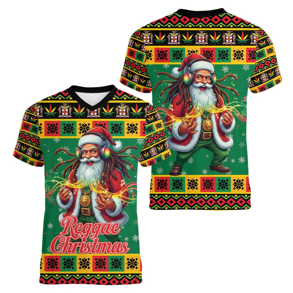 Jamaica Christmas Women V-Neck T-Shirt Reggae Santa with Dreadlocks Design - Wonder Print Shop