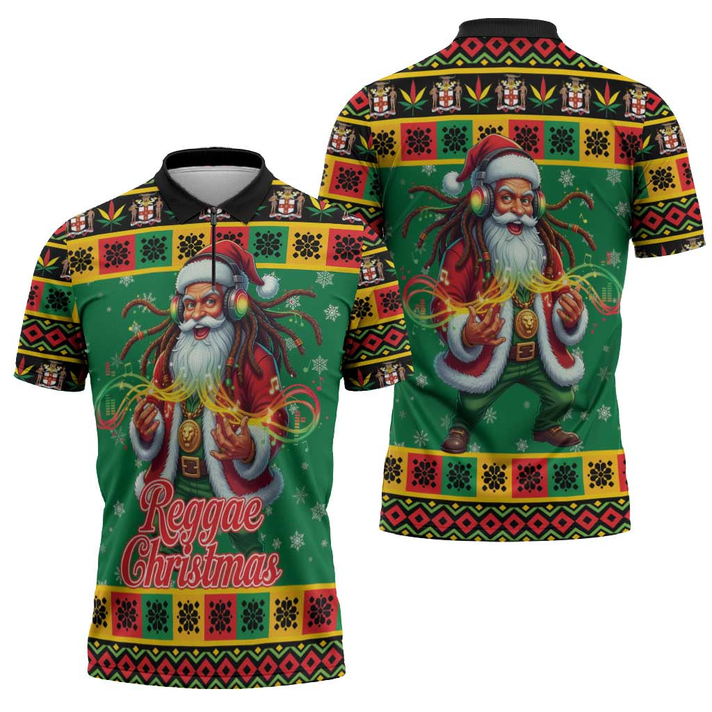 Jamaica Christmas Zipper Polo Shirt Reggae Santa with Dreadlocks Design - Wonder Print Shop