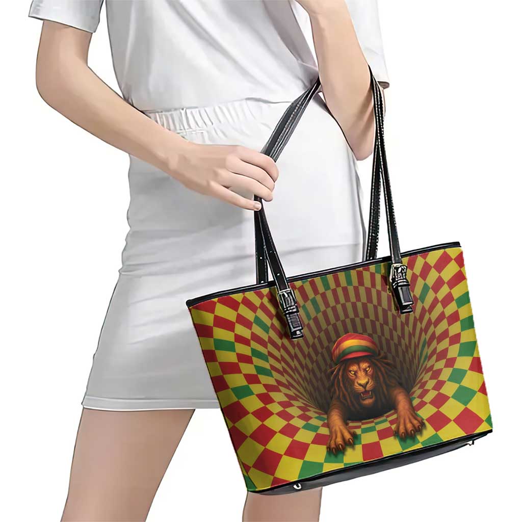 Jamaica Reggae Lion Leather Tote Bag Reggae Optical 3D Illusion - Wonder Print Shop