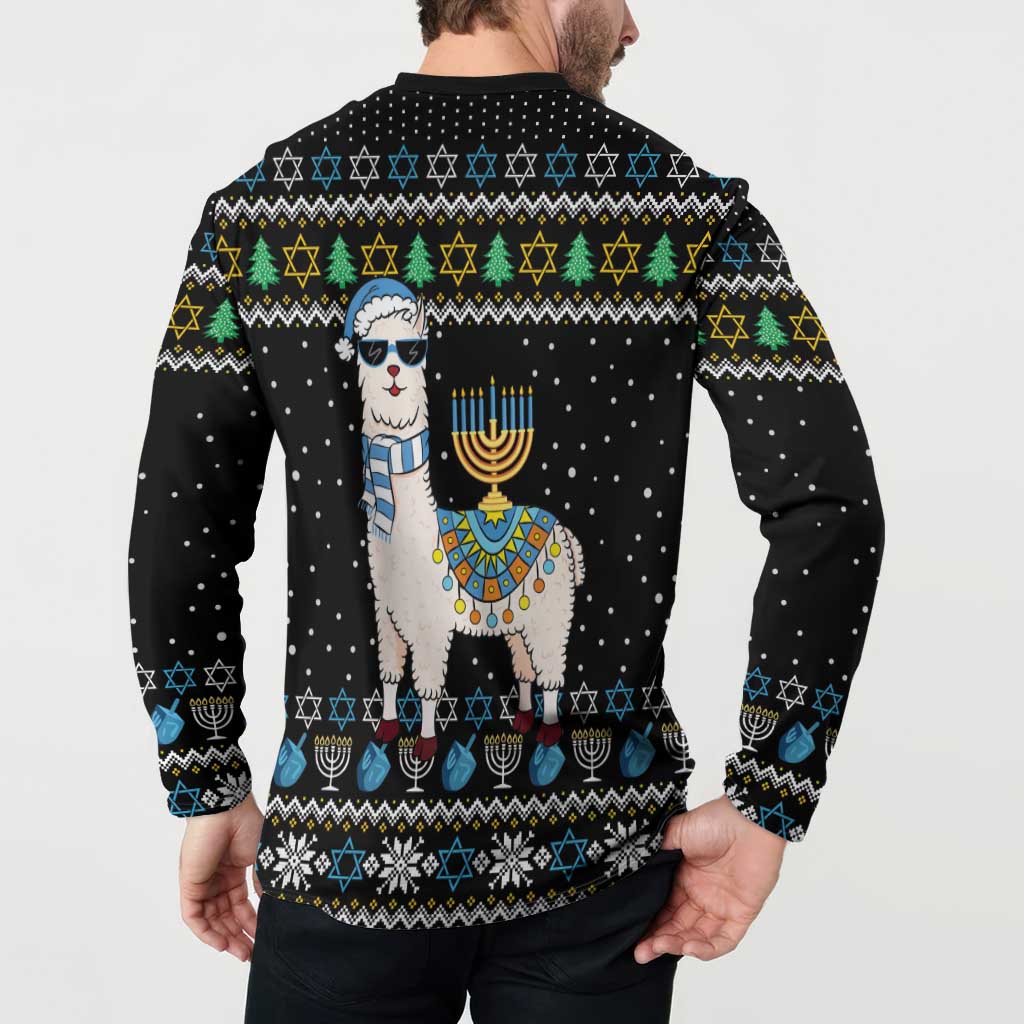 Happy Hanukkah Llama Button Sweatshirt Funny Menorah for Jewish Holiday - Wonder Print Shop