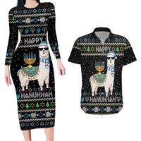 Happy Hanukkah Llama Couples Matching Long Sleeve Bodycon Dress and Hawaiian Shirt Funny Menorah for Jewish Holiday - Wonder Print Shop