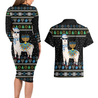 Happy Hanukkah Llama Couples Matching Long Sleeve Bodycon Dress and Hawaiian Shirt Funny Menorah for Jewish Holiday - Wonder Print Shop