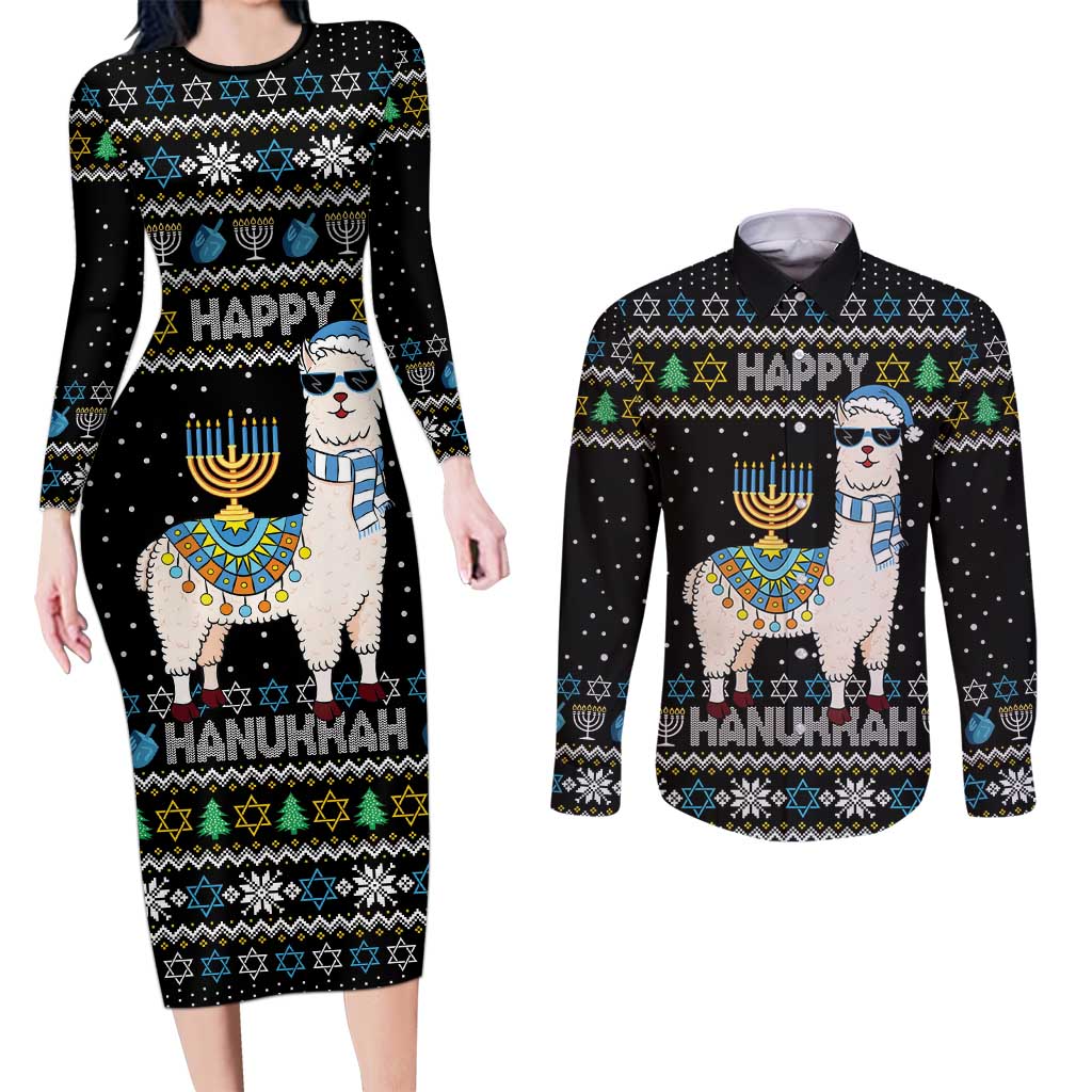 Happy Hanukkah Llama Couples Matching Long Sleeve Bodycon Dress and Long Sleeve Button Shirt Funny Menorah for Jewish Holiday - Wonder Print Shop