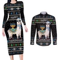 Happy Hanukkah Llama Couples Matching Long Sleeve Bodycon Dress and Long Sleeve Button Shirt Funny Menorah for Jewish Holiday - Wonder Print Shop