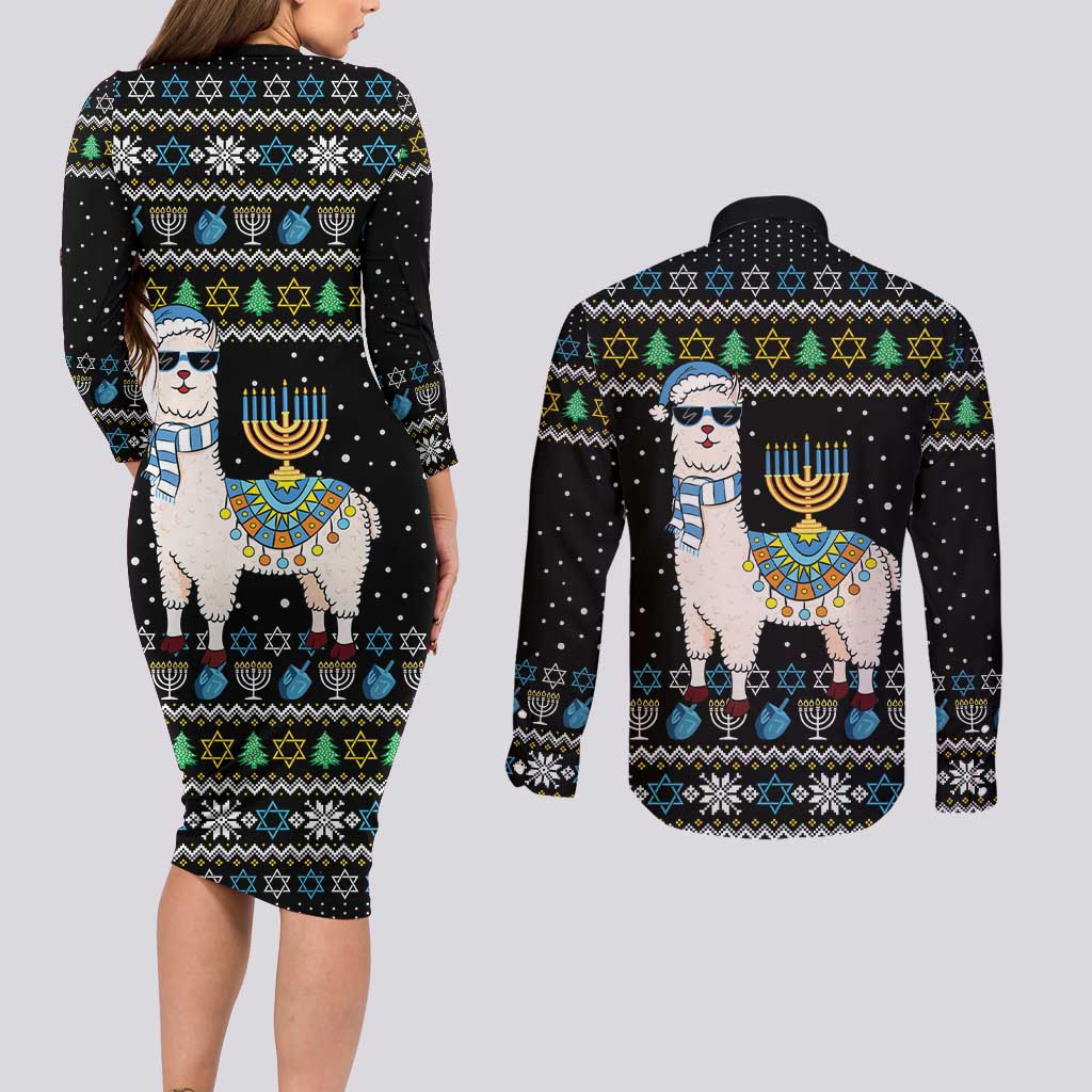 Happy Hanukkah Llama Couples Matching Long Sleeve Bodycon Dress and Long Sleeve Button Shirt Funny Menorah for Jewish Holiday - Wonder Print Shop