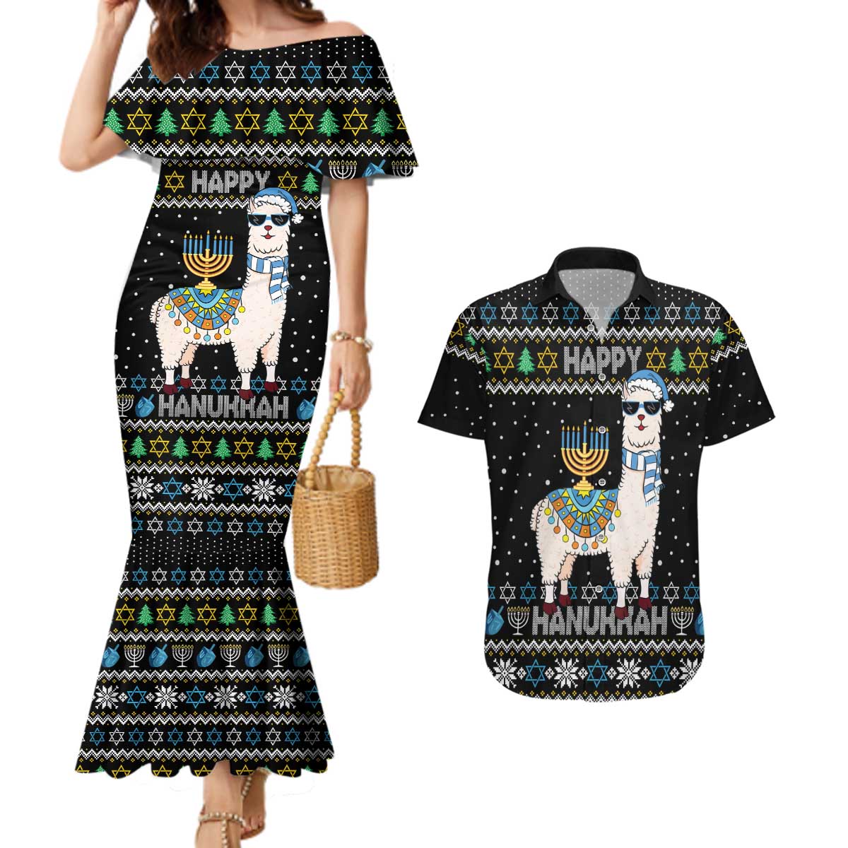 Happy Hanukkah Llama Couples Matching Mermaid Dress and Hawaiian Shirt Funny Menorah for Jewish Holiday - Wonder Print Shop