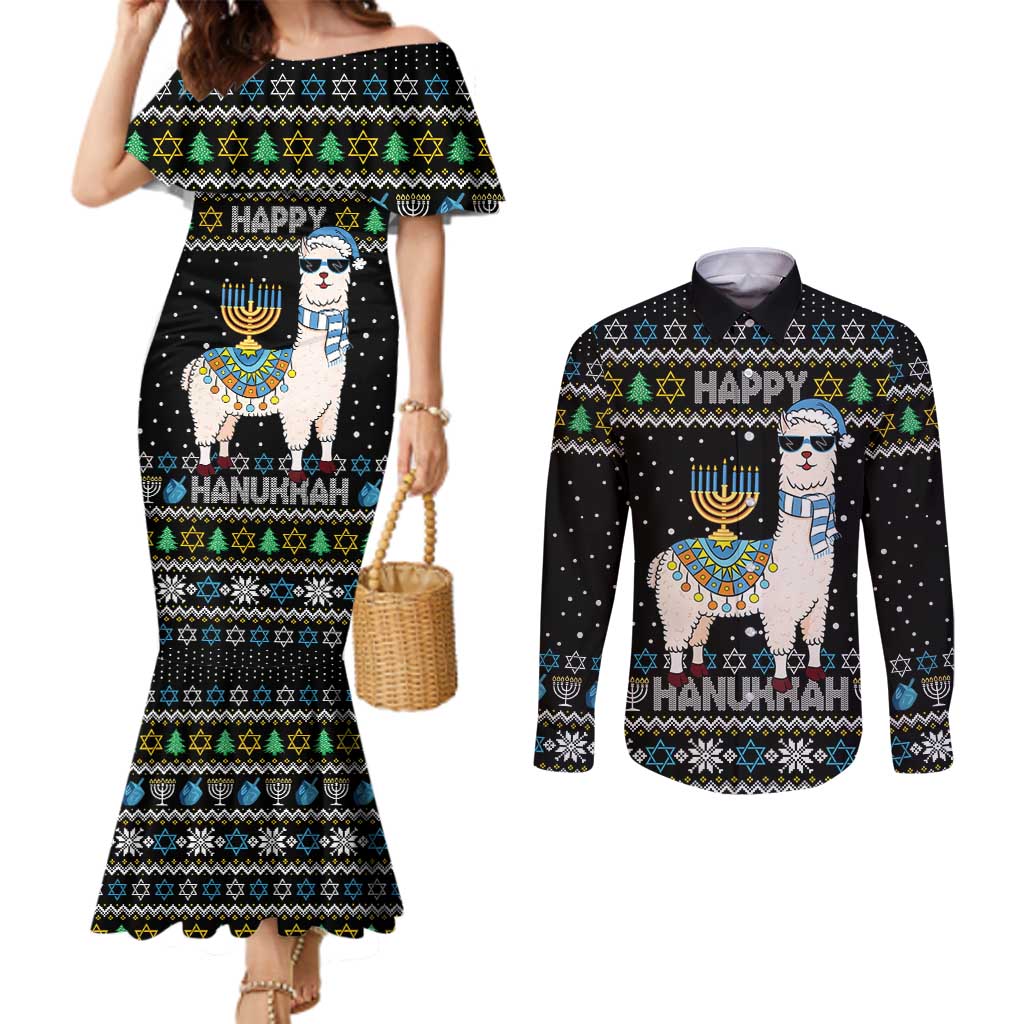 Happy Hanukkah Llama Couples Matching Mermaid Dress and Long Sleeve Button Shirt Funny Menorah for Jewish Holiday - Wonder Print Shop