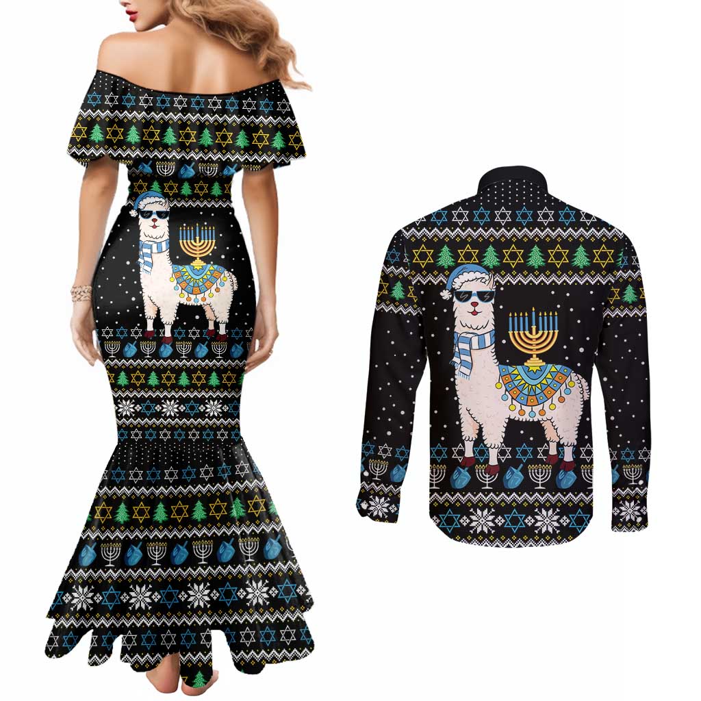 Happy Hanukkah Llama Couples Matching Mermaid Dress and Long Sleeve Button Shirt Funny Menorah for Jewish Holiday - Wonder Print Shop