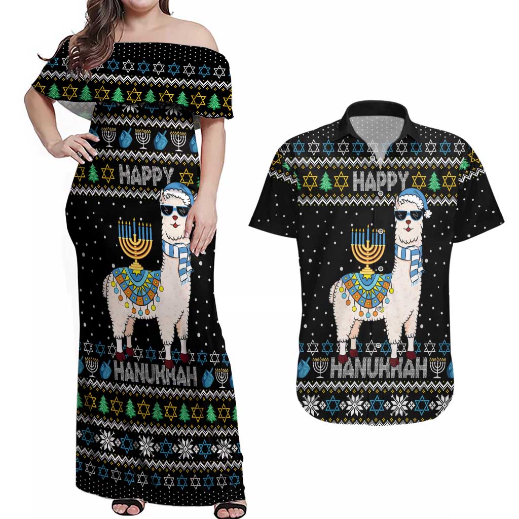 Happy Hanukkah Llama Couples Matching Off Shoulder Maxi Dress and Hawaiian Shirt Funny Menorah for Jewish Holiday - Wonder Print Shop