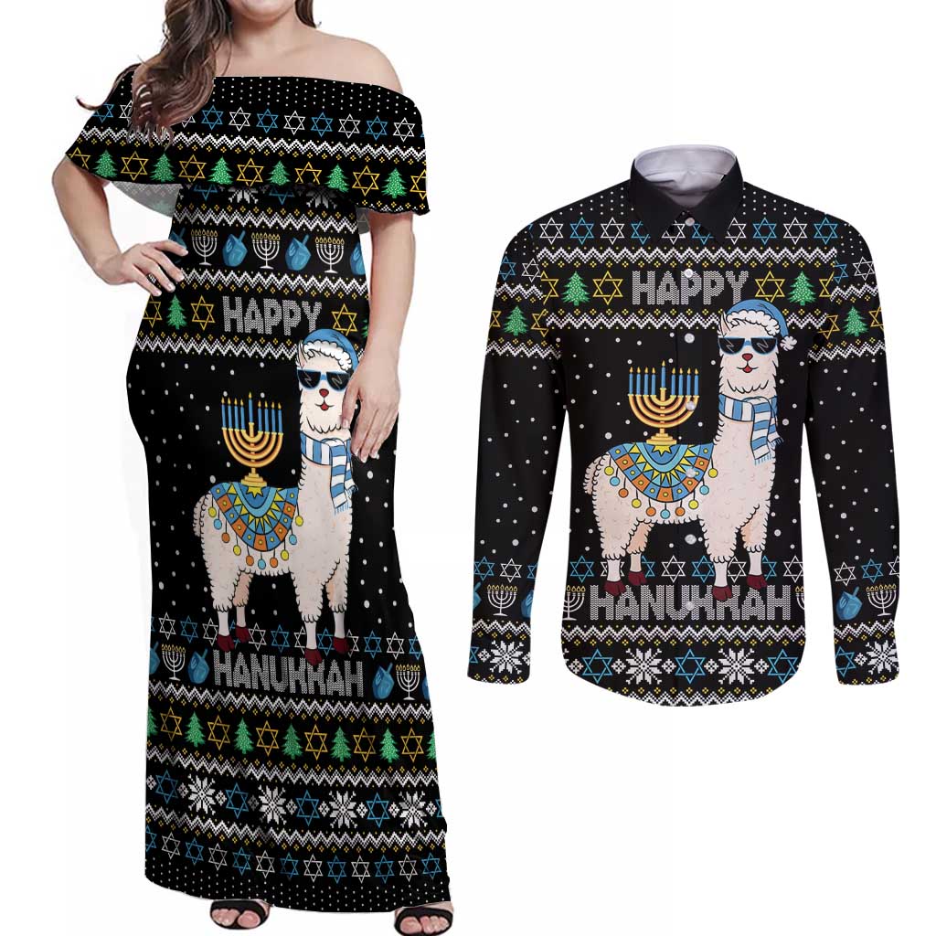Happy Hanukkah Llama Couples Matching Off Shoulder Maxi Dress and Long Sleeve Button Shirt Funny Menorah for Jewish Holiday - Wonder Print Shop