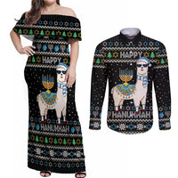 Happy Hanukkah Llama Couples Matching Off Shoulder Maxi Dress and Long Sleeve Button Shirt Funny Menorah for Jewish Holiday - Wonder Print Shop