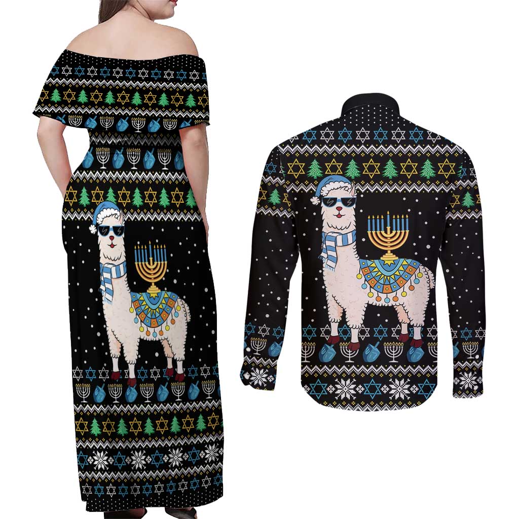 Happy Hanukkah Llama Couples Matching Off Shoulder Maxi Dress and Long Sleeve Button Shirt Funny Menorah for Jewish Holiday - Wonder Print Shop