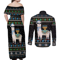 Happy Hanukkah Llama Couples Matching Off Shoulder Maxi Dress and Long Sleeve Button Shirt Funny Menorah for Jewish Holiday - Wonder Print Shop