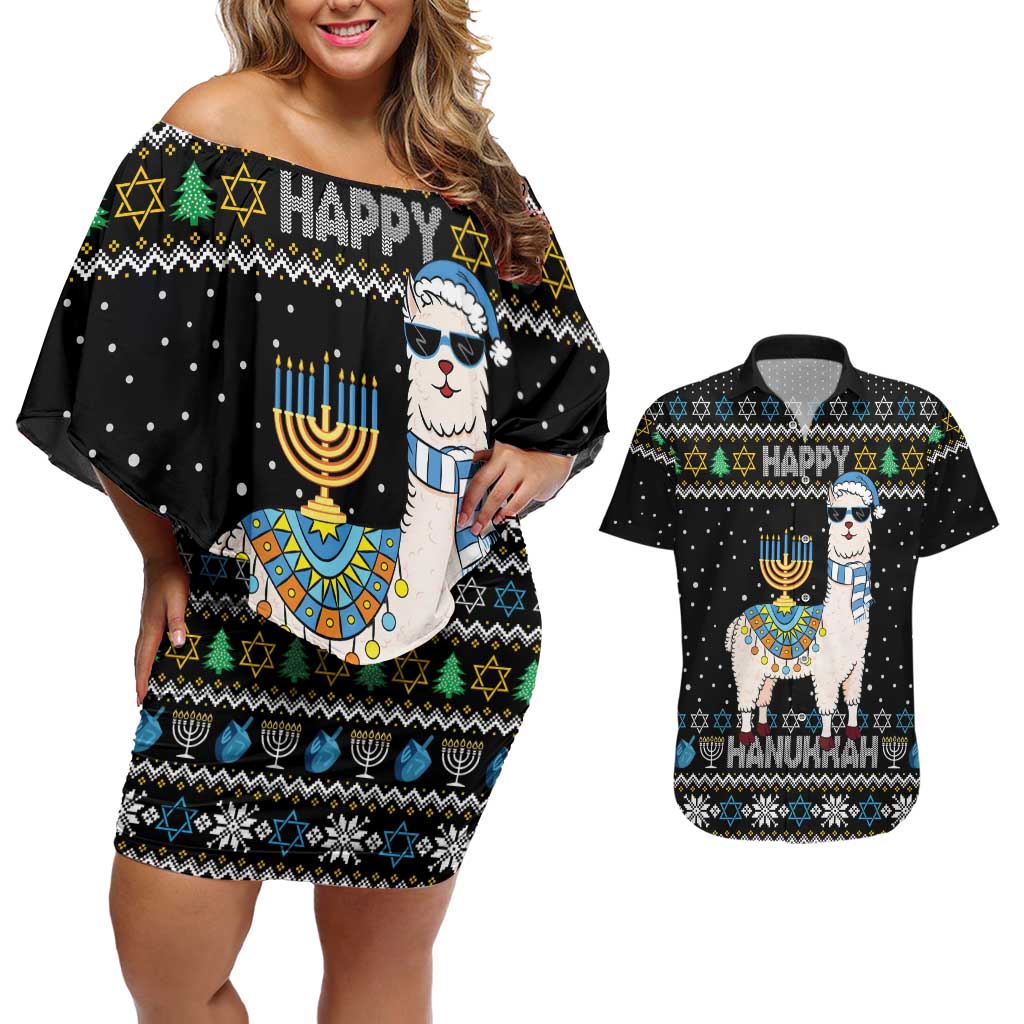 Happy Hanukkah Llama Couples Matching Off Shoulder Short Dress and Hawaiian Shirt Funny Menorah for Jewish Holiday - Wonder Print Shop