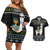 Happy Hanukkah Llama Couples Matching Off Shoulder Short Dress and Hawaiian Shirt Funny Menorah for Jewish Holiday - Wonder Print Shop