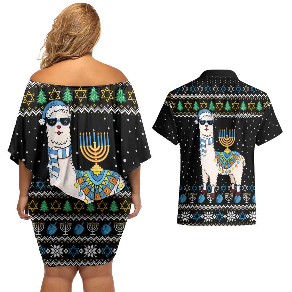 Happy Hanukkah Llama Couples Matching Off Shoulder Short Dress and Hawaiian Shirt Funny Menorah for Jewish Holiday - Wonder Print Shop