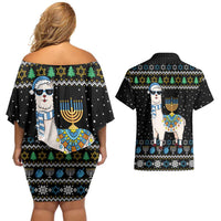 Happy Hanukkah Llama Couples Matching Off Shoulder Short Dress and Hawaiian Shirt Funny Menorah for Jewish Holiday - Wonder Print Shop