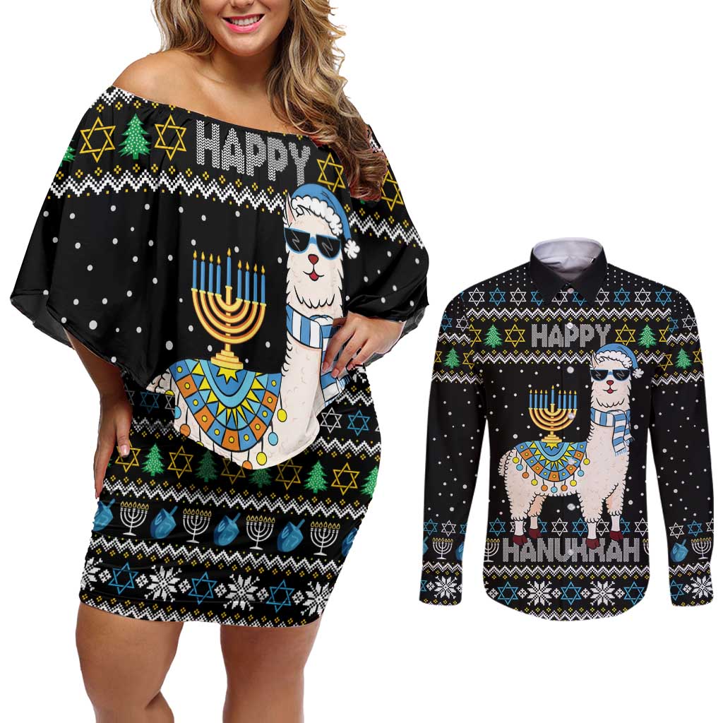 Happy Hanukkah Llama Couples Matching Off Shoulder Short Dress and Long Sleeve Button Shirt Funny Menorah for Jewish Holiday - Wonder Print Shop