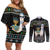 Happy Hanukkah Llama Couples Matching Off Shoulder Short Dress and Long Sleeve Button Shirt Funny Menorah for Jewish Holiday - Wonder Print Shop