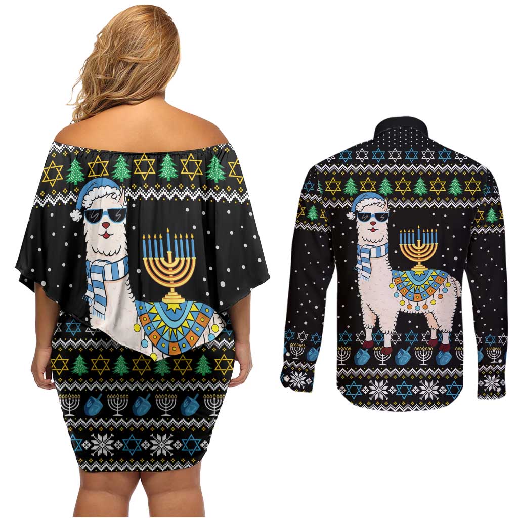 Happy Hanukkah Llama Couples Matching Off Shoulder Short Dress and Long Sleeve Button Shirt Funny Menorah for Jewish Holiday - Wonder Print Shop