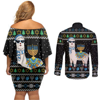 Happy Hanukkah Llama Couples Matching Off Shoulder Short Dress and Long Sleeve Button Shirt Funny Menorah for Jewish Holiday - Wonder Print Shop