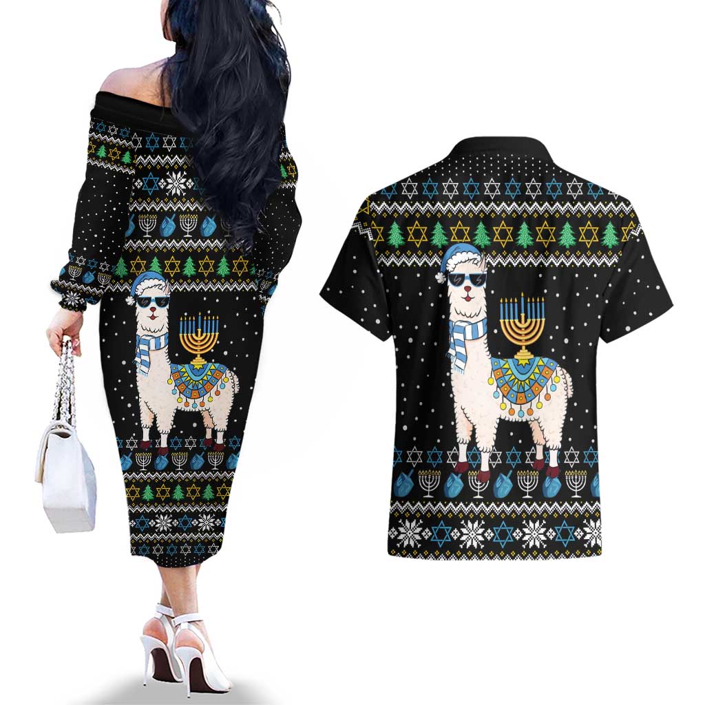 Happy Hanukkah Llama Couples Matching Off The Shoulder Long Sleeve Dress and Hawaiian Shirt Funny Menorah for Jewish Holiday - Wonder Print Shop