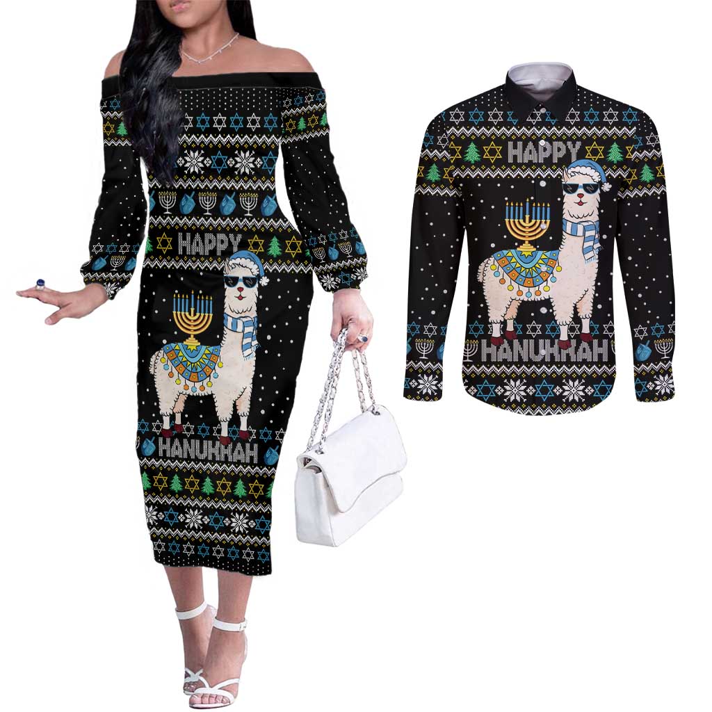 Happy Hanukkah Llama Couples Matching Off The Shoulder Long Sleeve Dress and Long Sleeve Button Shirt Funny Menorah for Jewish Holiday - Wonder Print Shop