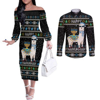Happy Hanukkah Llama Couples Matching Off The Shoulder Long Sleeve Dress and Long Sleeve Button Shirt Funny Menorah for Jewish Holiday - Wonder Print Shop
