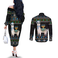 Happy Hanukkah Llama Couples Matching Off The Shoulder Long Sleeve Dress and Long Sleeve Button Shirt Funny Menorah for Jewish Holiday - Wonder Print Shop
